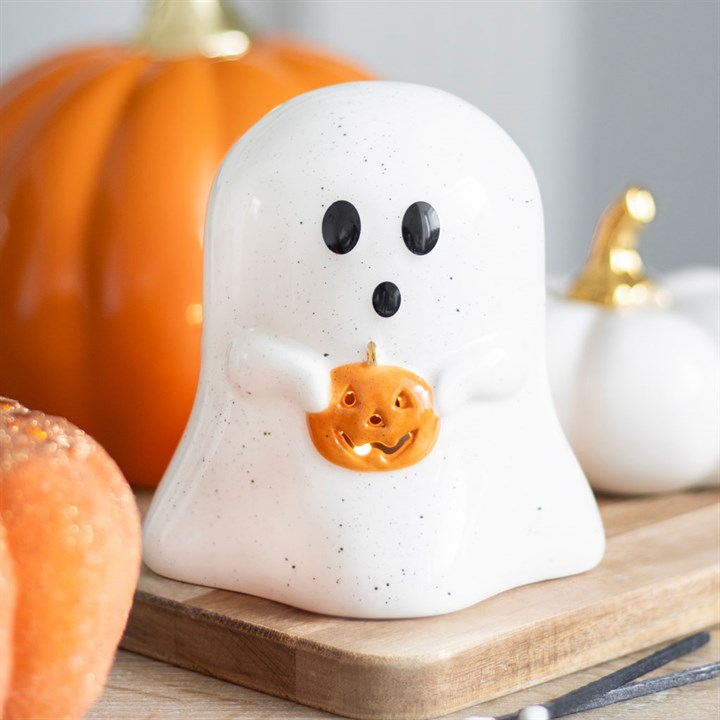 Ghost Shaped Tealight Candle Holder with Pumpkin, image 1 of 5