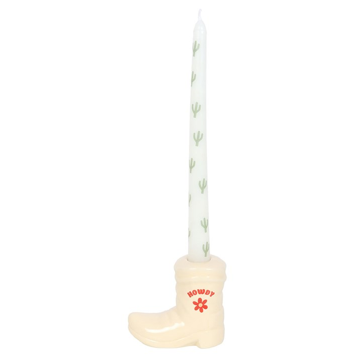 White Cowboy Boot Candle Holder with Taper Candle, image 2 of 5