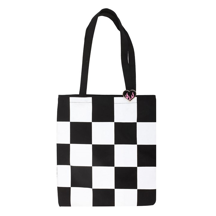 Checkerboard Print Polycotton Tote Bag with Enamel Heart Pin Badge, image 3 of 7