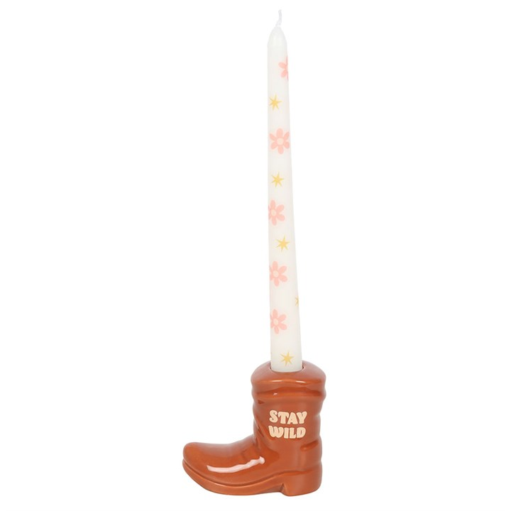 Brown Cowboy Boot Candle Holder with Taper Candle, image 2 of 5