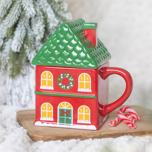 Red Christmas House Lidded Mug, image 1 of 7