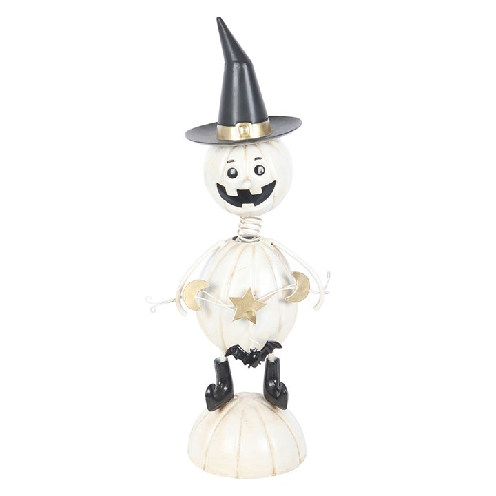White Metal Pumpkin Man Ornament with Witch Hat, image 2 of 4