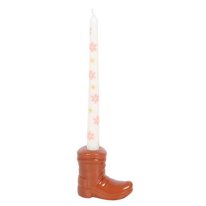 Brown Cowboy Boot Candle Holder with Taper Candle, image 4 of 5